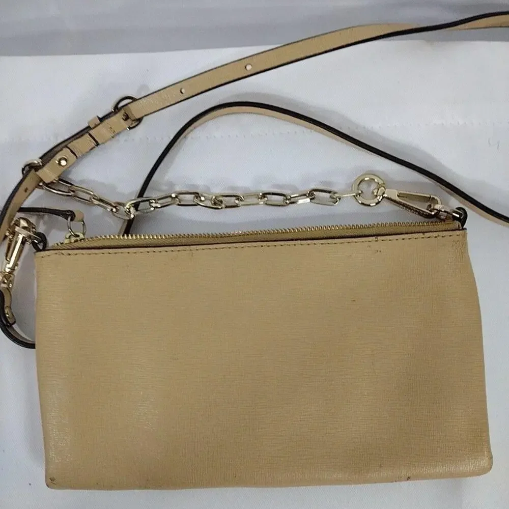 Coach Crossbody Bag Womens Small Beige Leather Chain Strap Gold Zip Purse